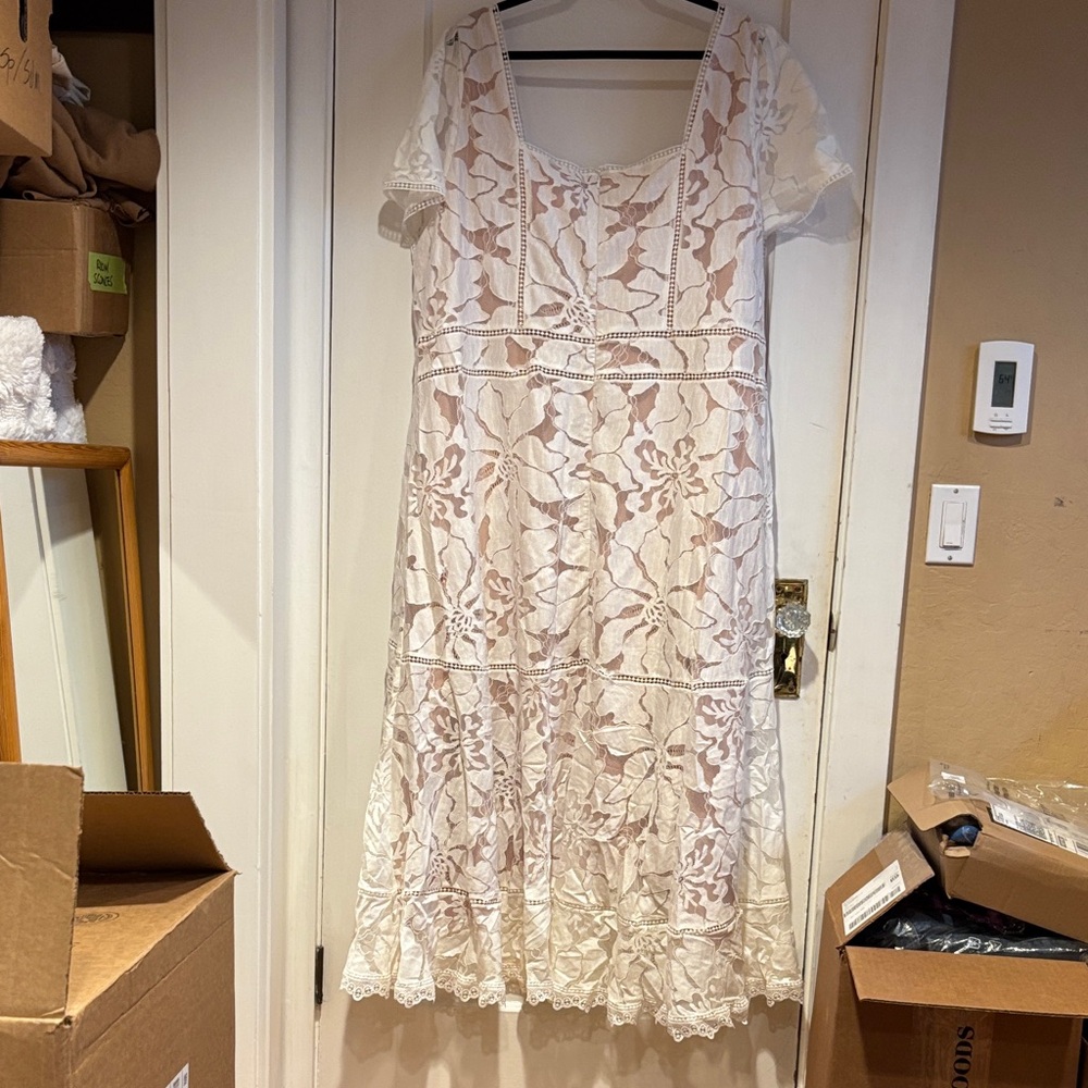 Anthropologie Cream Lace Dress with short sleeves. - Picture 6 of 11